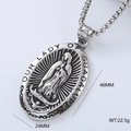 Polished silver stainless steel Our Lady of Guadalupe oval pendant 46mm x 24mm size detail - Our Lady of Guadalupe Style