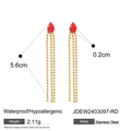 Orecchini in acciaio inossidabile placcato oro 18k con cristallo rosso e nappe - Pietra Rossa (JDEW2403097-RD)