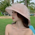 Pink wide-brim organza sun hat for women with layered flower design for summer beach travel - Champagne