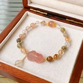 Multicolor crystal bead bracelet with pink carved Pi Xiu and golden metallic accents - 48# Pink Pixiu