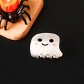 Cute ghost hair claw clip with white pearlescent finish and cartoon face for Halloween - Textured White Ghost-Surprised Expression