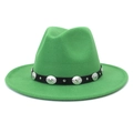 Detail of green fedora hat featuring black belt strap and embossed silver metal buckle - Grass Green