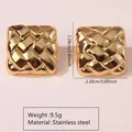 Golden square stud earrings with woven texture in stainless steel 2.28cm design - Woven Texture Square (FYD6077)