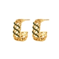 Golden C-shaped hollow woven earrings with green stones on a white background - C-Shaped Hollow Woven Style / Gold-Green Zirconia