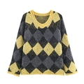 Maglione in maglia argyle da donna con scollo a V, paillettes e taglio corto comodo - S / Argyle Giallo Grigio
