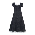 Franse retro midi-jurk met polkadots, pofmouwen en een witte kanten rand aan de zoom - XS / Zwart