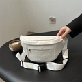 White woven texture crossbody waist bag with adjustable strap and metal zipper - White
