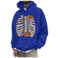 Bright blue fleece hoodie featuring white skeleton rib and orange pumpkin print for Halloween - S / Top (49) / Blue
