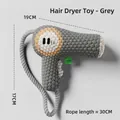 Grey hair dryer-shaped squeaky dog toy with durable braided rope and knit texture - Gray