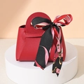 Elegant red leather wedding favor gift bag with a floral print ribbon bow accent - Burgundy