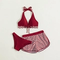 Three-piece burgundy bikini set with chevron print sports shorts for women swim - S / Red