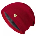 Gorro de punto rojo oscuro para hombre con forro polar gris y parche de logo retro - L(58-60cm) / Rojo