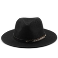 Close-up of black straw fedora hat featuring a leather band and metal diamond detail - M / Black
