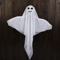 Hanging white ghost Halloween decoration with black heart eyes on dark wood background - Non-Glowing-Heart Eyes Expression