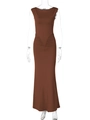 Brown sleeveless slim fit maxi dress with elegant waist pleats on invisible mannequin - S / Coffee