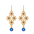 Elegant gold flower drop earrings with blue crystal accents for women - Blue Hollow Floral Style