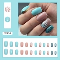 Square fake nails in light blue and pink with leaf patterns and blue glitter finish - Light Blue Leaf & Glitter Style (Glue Included)