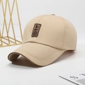 Light khaki cotton baseball cap with dark brown leather golf patch on front - Adjustable / Khaki