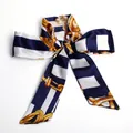 Navy blue and white striped twilly scarf with golden chain print tied in a bow - S66-Blue White Striped Chain