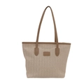 Helle beige Stroh-Einkaufstasche mit braunen Ledergriffen und dezentem Logo-Aufnäher - Khaki