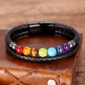 Bracciale chakra in pelle intrecciata nera con sette perle di pietra naturale e chiusura magnetica - 21cm / Nero-A
