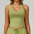 Light green halter V-neck sports vest and matching shorts set in brushed fabric - S / Tops / Lime Green