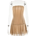 Vista dettagliata dell'abito corsetto in rete beige con elegante orlo a balze sottili - S / Cachi