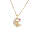 Gold plated necklace with bear on moon pendant and pink star, inlaid with white zircon - Red