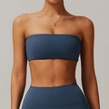 Dark blue strapless sports bra and high-waist yoga leggings set in premium stretch fabric - M / Navy Blue