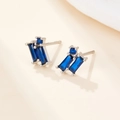 Minimalist S925 sterling silver stud earrings with navy blue rectangular zircon stones - Silver Blue Zircon