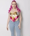 Satin silk scarf with pink chain pattern worn as a halter top with denim jeans - Rose Red Carriage