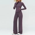 Three-piece yoga set with long sleeve zip jacket and wide leg pants in dark purple - S / Top And Bottom / Eggplant Purple