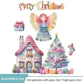 Vinilo navideño rosa acuarela con casita y ángel, tamaño 36x42 cm - Colorido / Medio