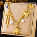 Detail of gold chain necklace with sun mask, bull head, bow and multi-element pendants - Sun Bull Head Bow Star (N3168)