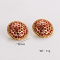 Retro round 22mm gold stainless steel stud earrings with red crystal pavé 11g weight - Retro Hemisphere Red Zircon Style (AMLEH225)