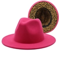 Detail of rose red fedora hat featuring a leopard print lining and wide flat brim - M (56-58cm) / Rose Red