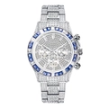 Silver luxury watch with full diamond setting and blue gemstone bezel on white background - White Blue