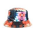 Detailed close-up of colorful tie-dye bucket hat with reinforced stitching on the brim - Orange Purple Blue Black Tie-dye (#20)
