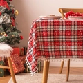 Red and black checkered Christmas tablecloth with white snowflakes and fringe tassels - Red and White Cross Plaid with Small Snowballs