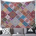 Detail of bohemian mandala tapestry hanging on a wall above a sofa in a living room - 100x70cm / Style 10 (Colorful Tile Patchwork Mandala)