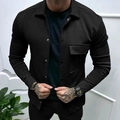 Detail of black twill shirt jacket showing ribbed fabric texture and chest pocket - S / Black