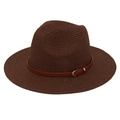 Detailed macro view of woven straw texture and brown faux leather band on Panama hat - Coffee
