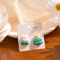Detailed view of S925 silver Christmas earrings featuring a cute rabbit and tree - Rabbit and Christmas Tree (E3617-6)