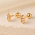 Detail of eye-shaped gold stud earrings with white zircon stones and ball backings - Gold Marquise Eye Shape