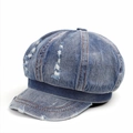 Vintage blue washed denim octagonal newsboy hat with distressed holes and orange stitching - M(56-58cm) / Dark Blue