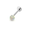 Macro view of Shamballa crystal ball labret stud with iridescent rhinestones and flat back - AB White