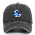 Close-up of vintage washed baseball cap with wave embroidery and Japanese text - Army Green