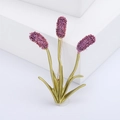 Elegant plant-shaped brooch with three purple flower spikes and green leaves on golden stem - Purple (MM-BR-1377)