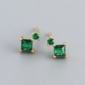 S925 silver emerald green square and round zircon earrings with golden finish - Golden (Green Stone)
