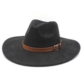 Sombrero fedora clásico de gamuza negra con banda de cuero trenzado marrón y hebilla de metal - M (56-59cm) / Negro (Gamuza)